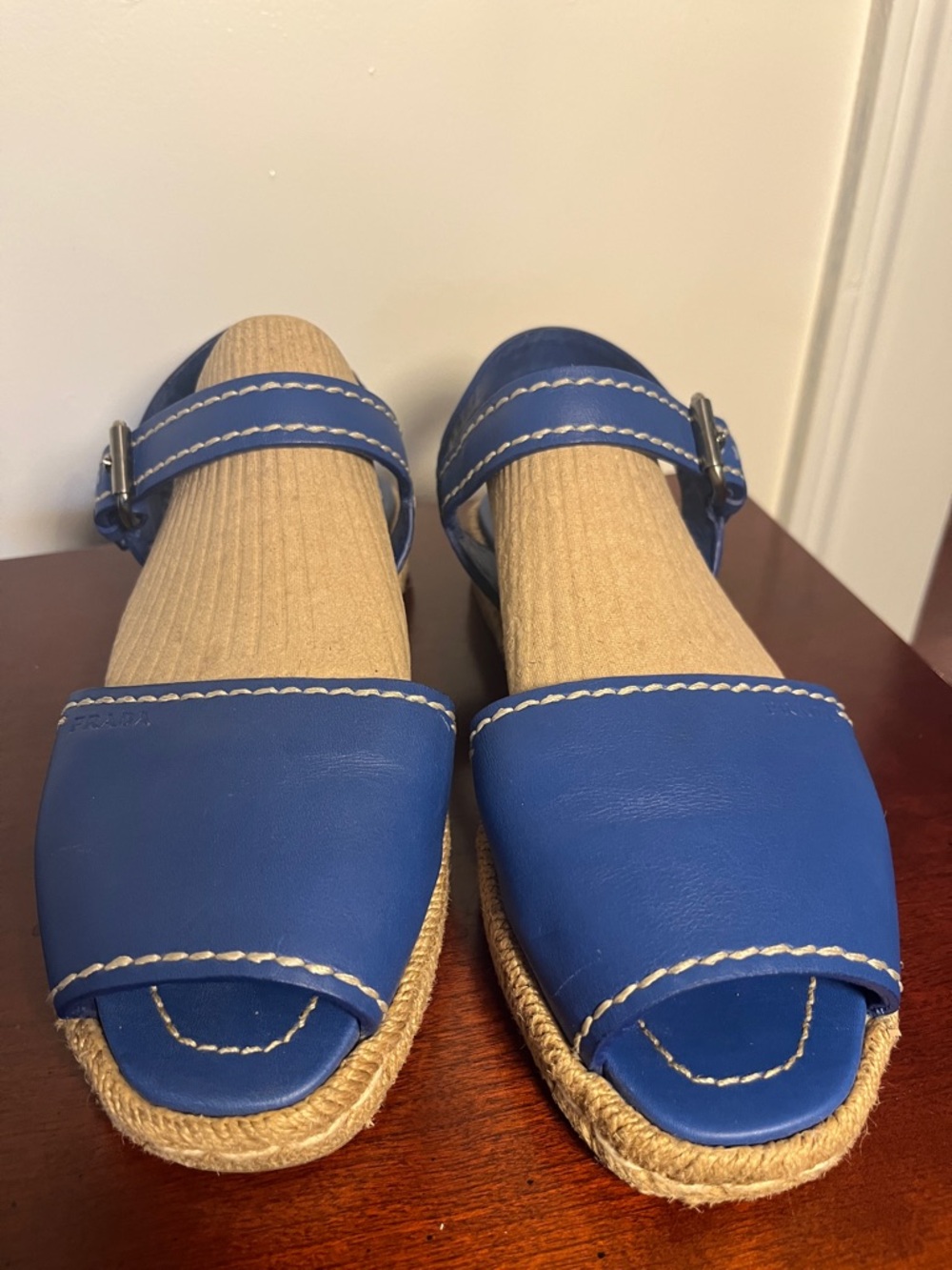 Prada Marine Blue Women’s Sandals with Braided Jute Sole Size 38 - Picture 6 of 12